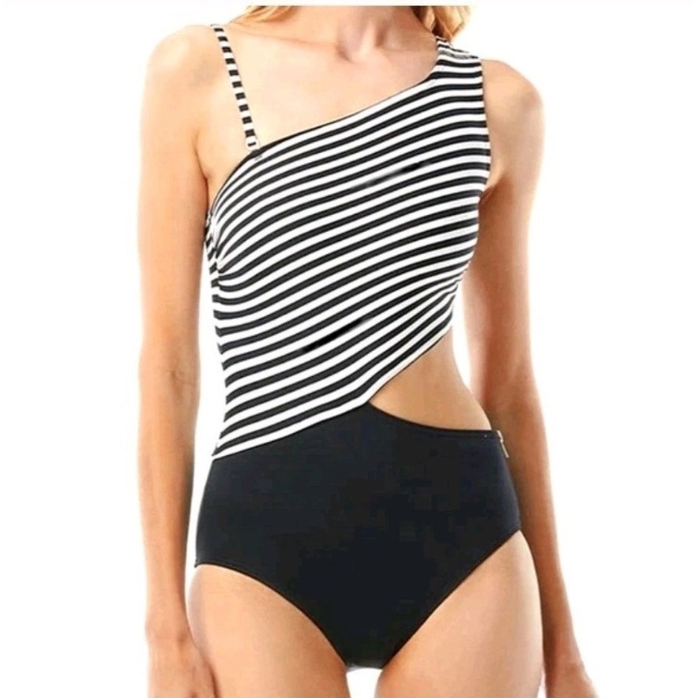 Michael Kors One Piece Swimsuit Cut Out Black‎ White Stripe Zip Size 6 NWT